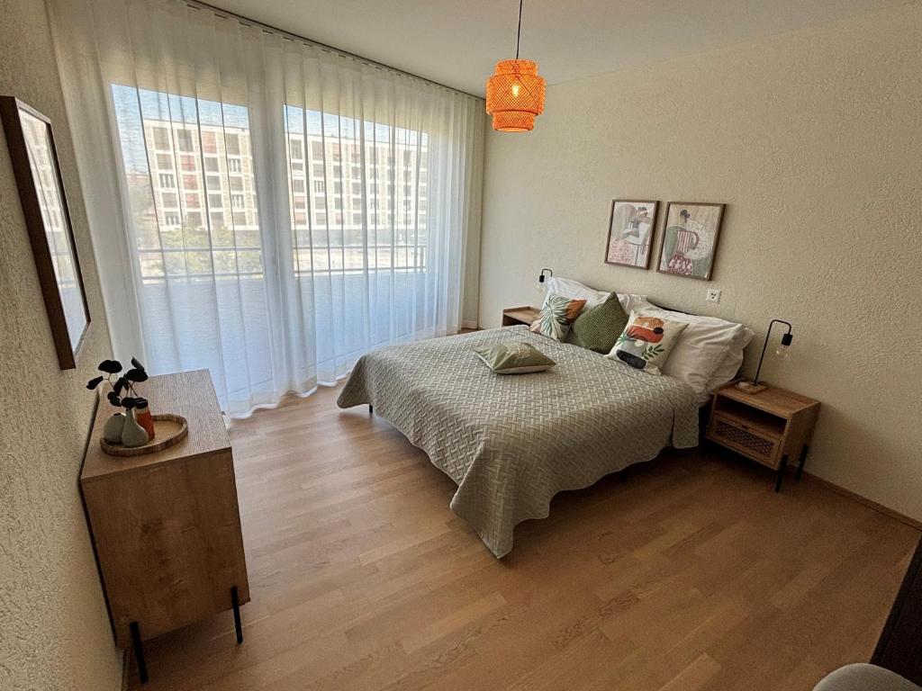 een slaapkamer met een bed en een groot raam bij Erlenmatt in Bazel