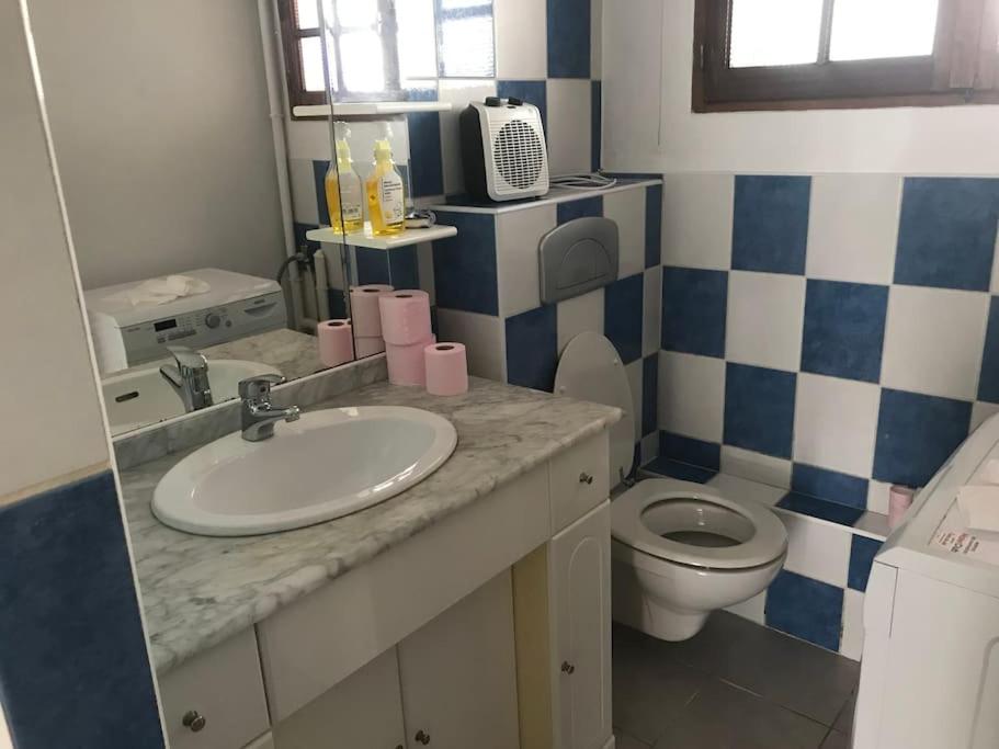 une salle de bain avec un lavabo et des toilettes dans l'établissement Location studio proche de la mer - Martigues, à Martigues