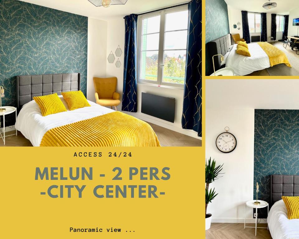 un collage d'images d'une chambre avec un lit et d'un centre-ville dans l'établissement Le Panoramique - Centre-ville, à Melun