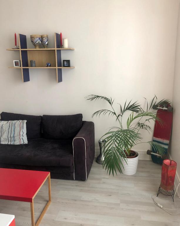 un salon avec un canapé noir et une plante dans l'établissement cute and quiet appartment in Montmartre, à Paris
