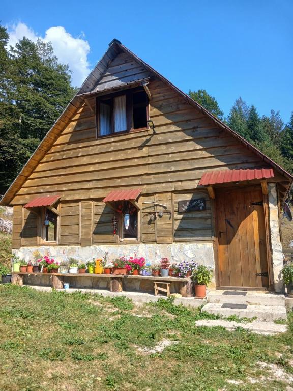a wooden house with flowers in front of it at Dulović - KATUN POTOCI in Kolašin