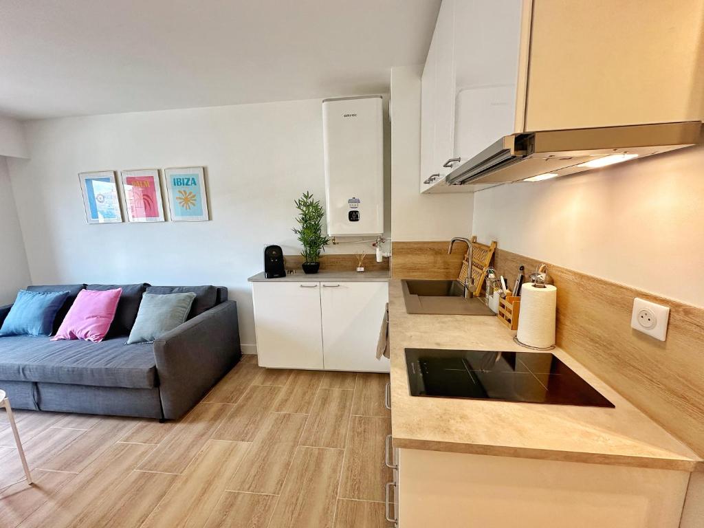 un salon avec un canapé et une cuisine dans l'établissement Studio cosy au cœur de Cannes, à Cannes