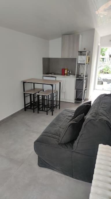 un salon avec un canapé et une cuisine dans l'établissement Appart cosy proche gare RER E entre Paris-Disney, à Pontault-Combault