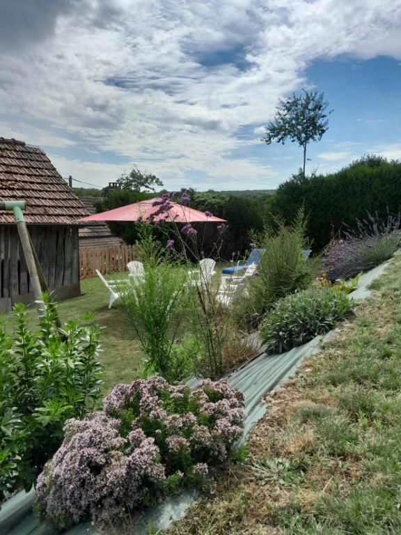 un giardino con fiori viola e una casa di La maison family a Veaugues