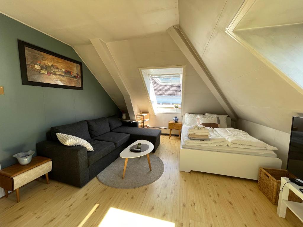 a living room with a couch and a bed at City View & Central Location in Trondheim