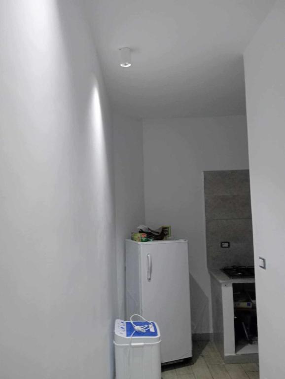 a white kitchen with a refrigerator in a room at Studio LINA in Hennchir Ksar Rhaleb