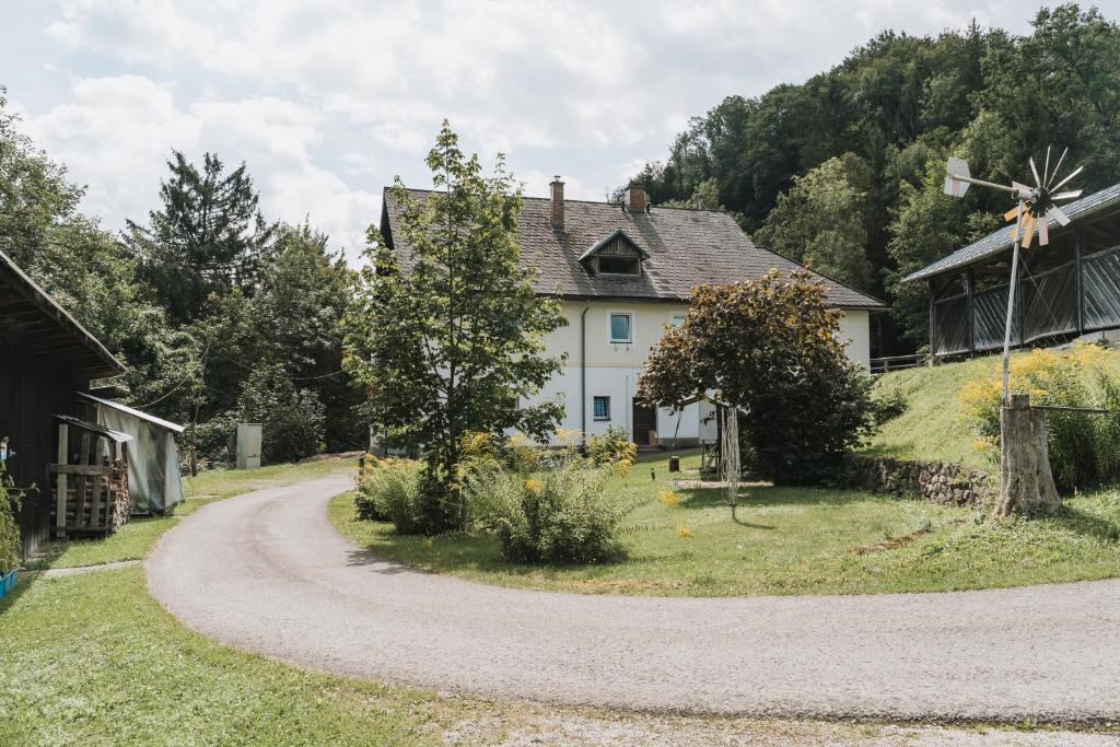a winding road in front of a house with a windmill at NaturparkResort Almmauer in Landl