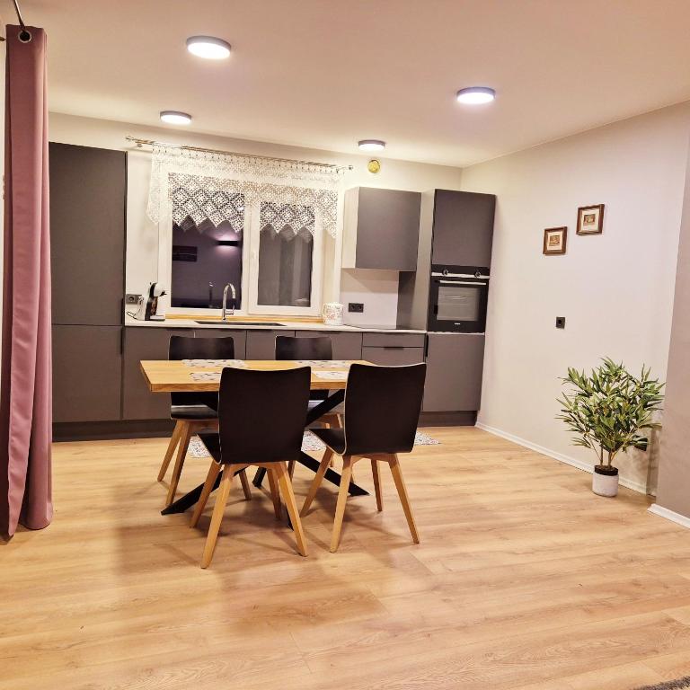 a kitchen and dining room with a table and chairs at Butas Ežero 30 in Plateliai