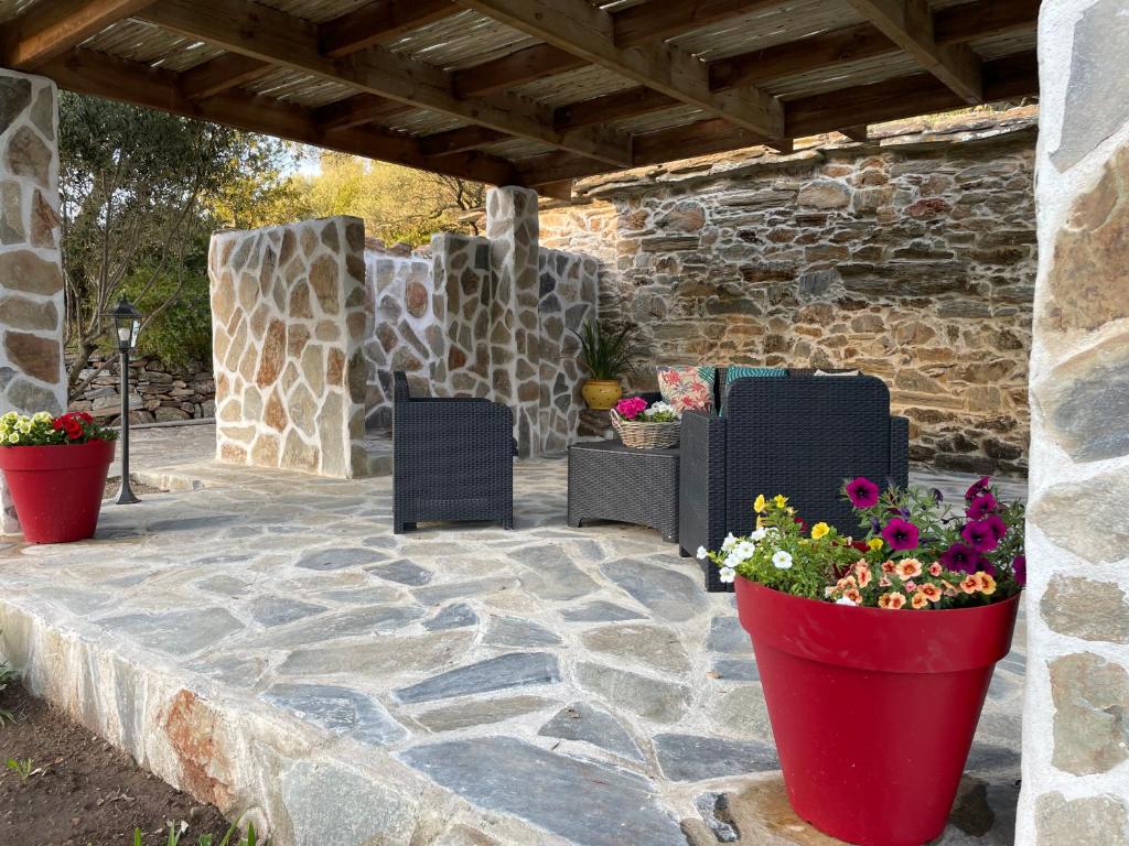 a patio with chairs and flowers on a stone wall at Bergerie tout confort L'immortelle in Saint-Florent