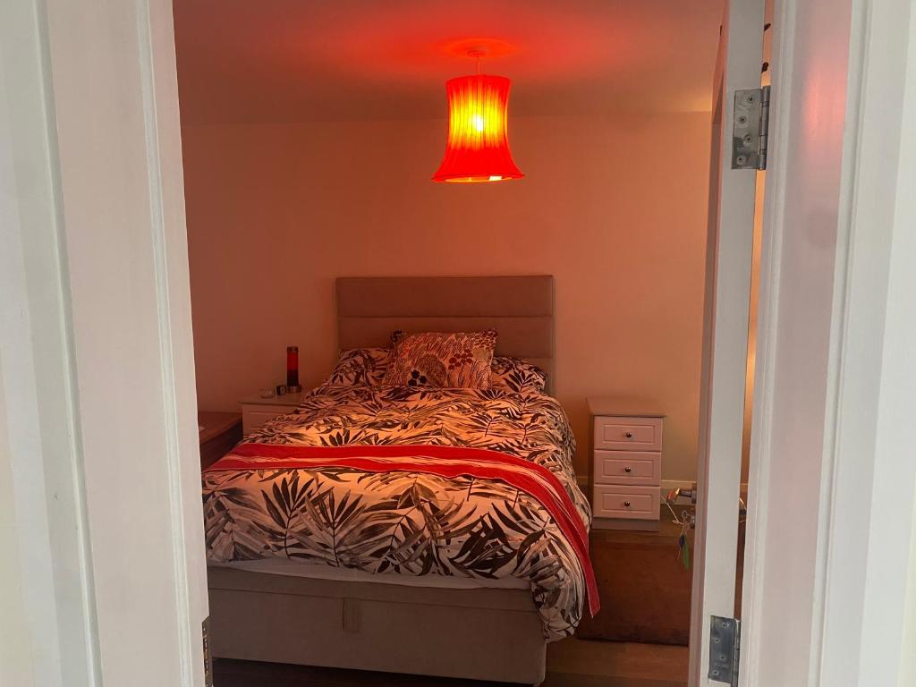 a bedroom with a bed with a red light above it at Kilmactrasna Cottage in Carrickmacross