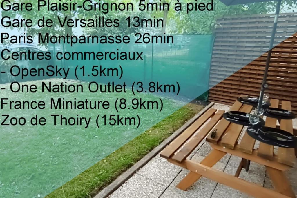 a poster of a picnic table and a bench at Détente & Jardin By Beds4Wanderlust - Charmant T2 avec Jardin - Gare Plaisir-Grignon, Versailles 20km in Plaisir