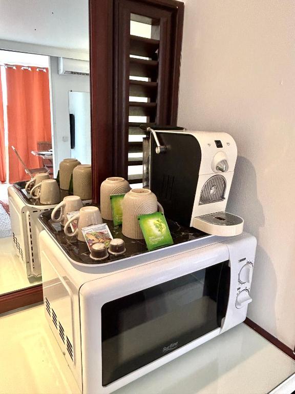 eine Mikrowelle mit einem Toaster darüber in der Unterkunft Studio sunshine vue mer et piscine in Tartane