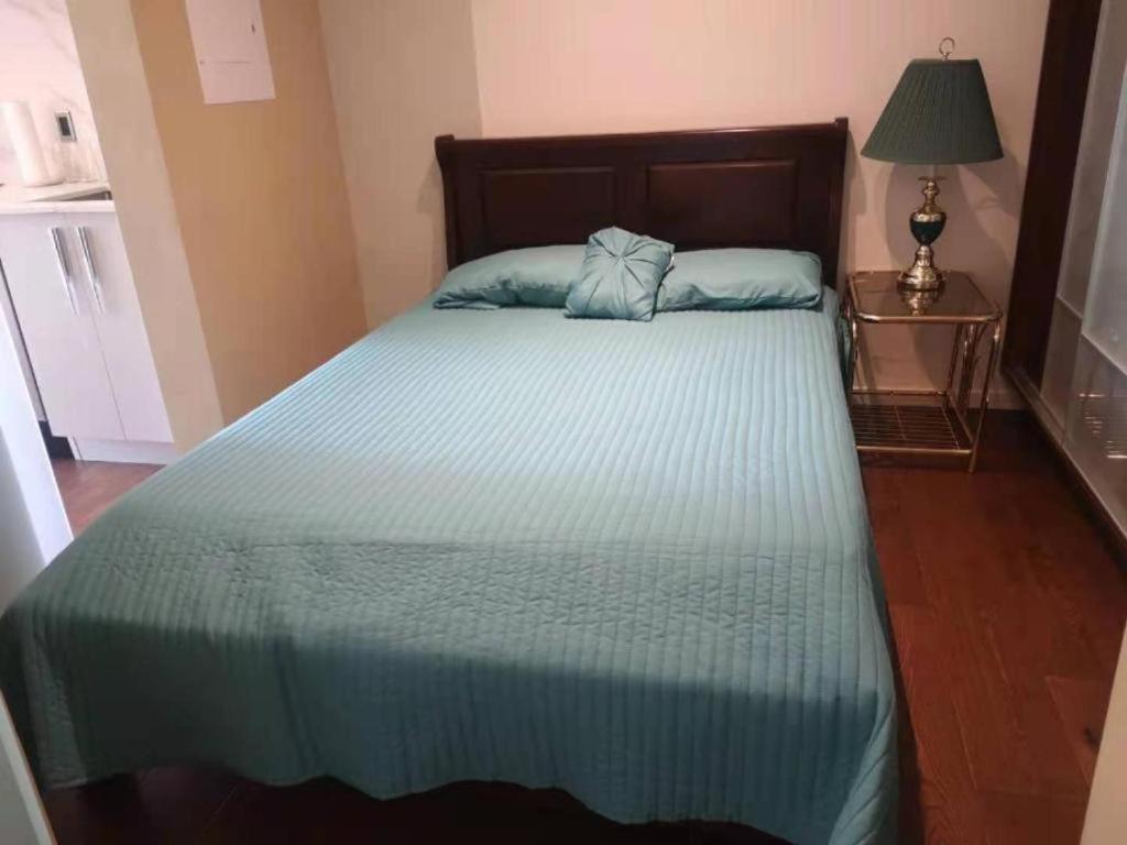 Un dormitorio con una cama con un edredón azul. en one bedroom, en Victoria