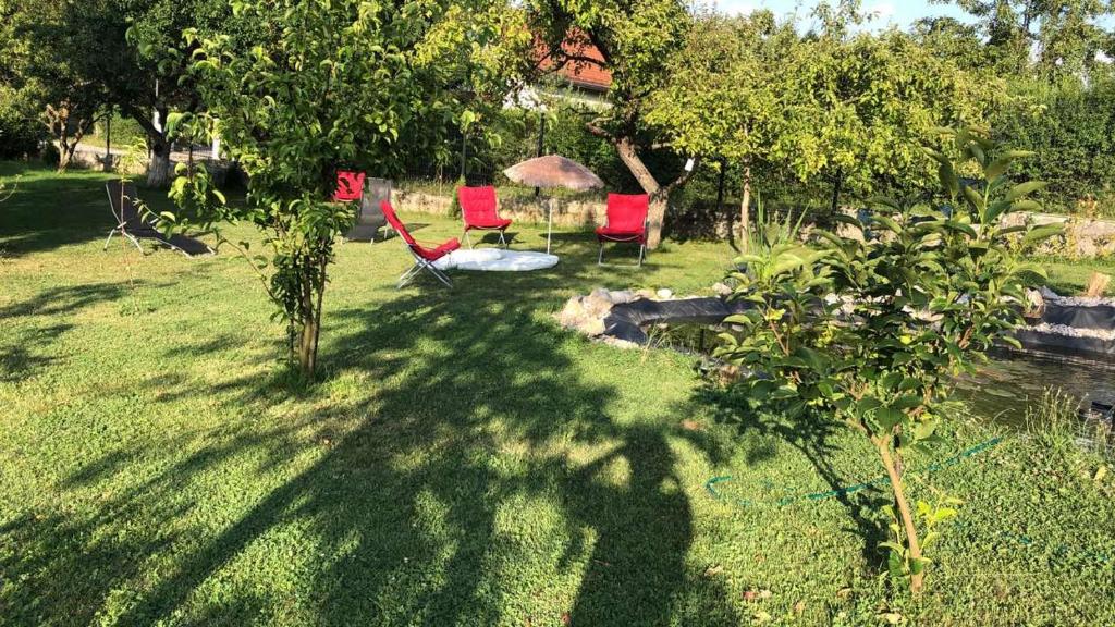 einen Hof mit zwei Stühlen und einem Tisch im Gras in der Unterkunft Villa Luna Misevici in Hadžići