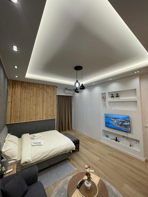 un soggiorno con letto e TV di Central Park Apartman a Sombor
