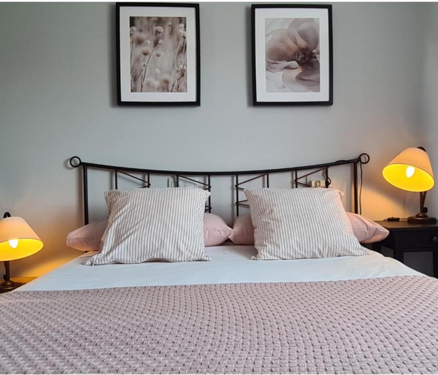 ein Schlafzimmer mit einem Bett mit Kissen und zwei Lampen in der Unterkunft Villaplaya Fontefría in Boiro