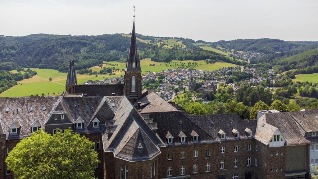 an aerial view of a building with a church at Rosa Flesch Hotel und Tagungszentrum in Waldbreitbach