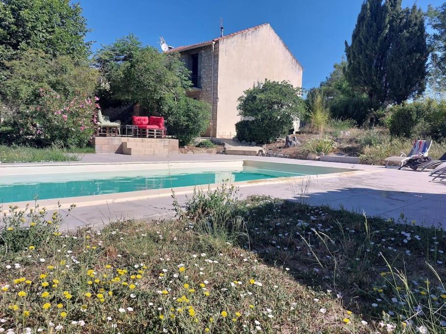 une piscine devant une maison dans l'établissement Maisonnette entre mer et lac, à Prades-sur-Vernazobre