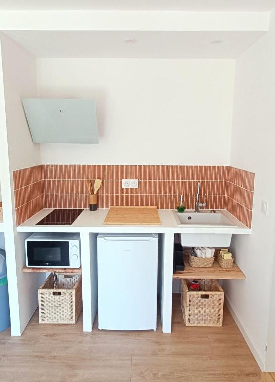 une petite cuisine avec un évier et un micro-ondes dans l'établissement Hyères entre centre ville et plage, à Hyères