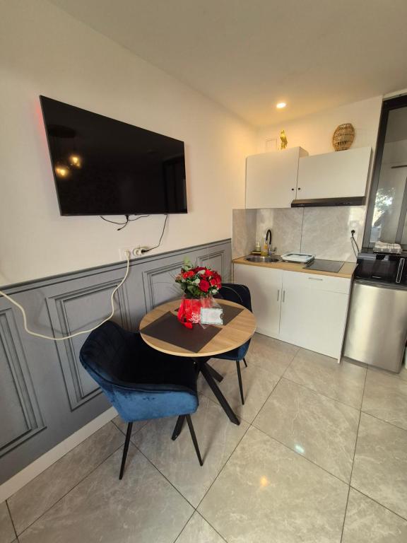 une cuisine avec une table et des chaises et une télévision dans l'établissement Le nid douillet calme proche du centre parking vidéo projecteur, à Brest
