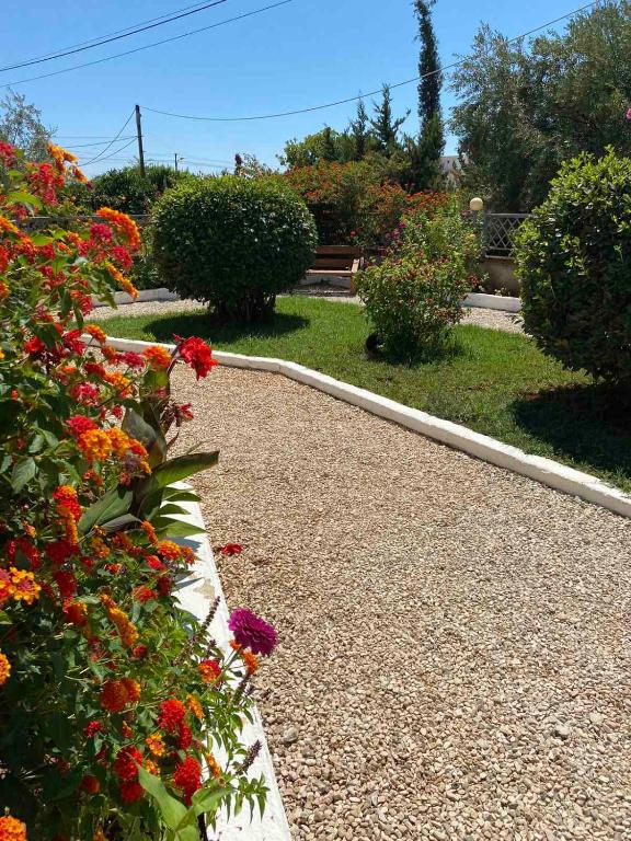a walkway through a garden with flowers and bushes at 4 Seasons apartments in Himare