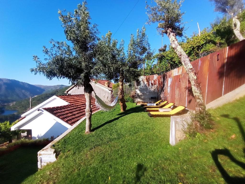 a backyard with a hammock and two trees at Gerês e Cabreira - Romoa Vintage Guest House in Vieira do Minho