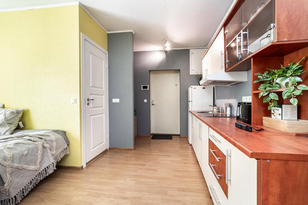 a small kitchen with a counter top and a refrigerator at Peaceful studio with desk & free parking near city center in Tallinn