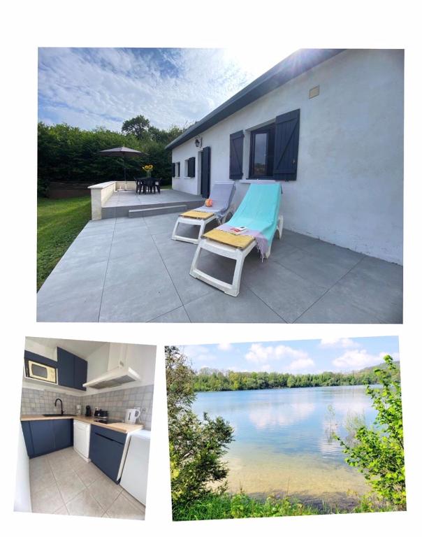 un collage de deux photos d'une maison et d'un lac dans l'établissement Maison au bord du lac de saint Ciergues, à Perrancey