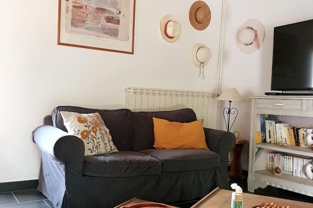 un salon avec un canapé et une télévision dans l'établissement Le gîte de Paul, à La Caure