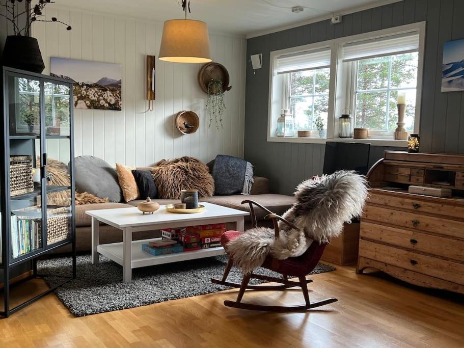 a living room with a couch and a chair at Cozy apartement near Besseggen with a nice outdoor area! in Randsverk