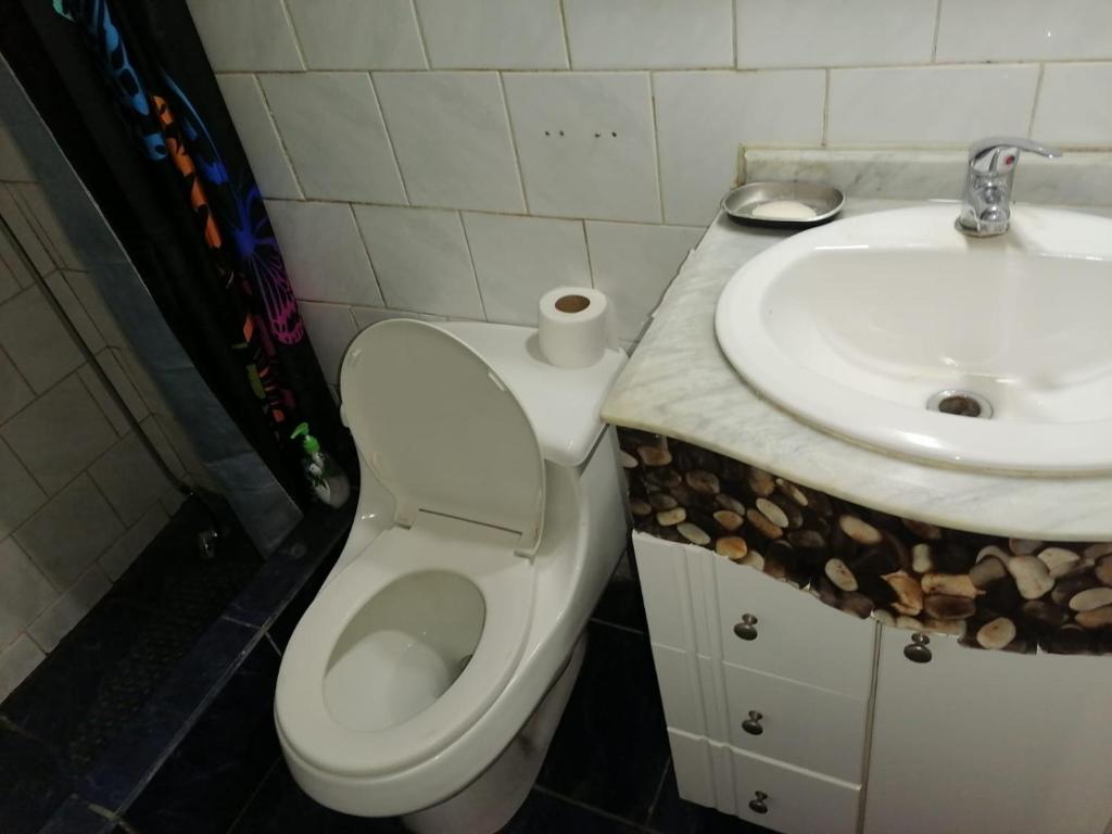 ein Badezimmer mit Toilette und Waschbecken in der Unterkunft SE ARRIENDA 1 HABITACION CASA HUECHURABA, Villa Las Bandurrias in Santiago