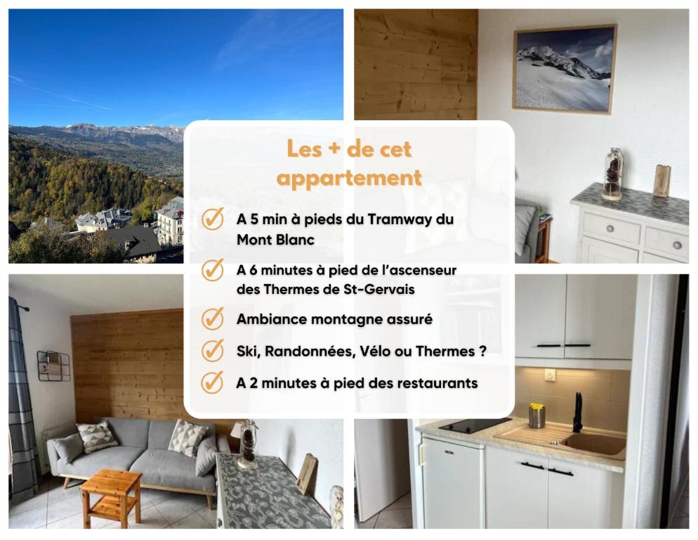 a collage of photos of a kitchen and a living room at Appartement centre Saint Gervais-Vue imprenable in Saint-Gervais-les-Bains