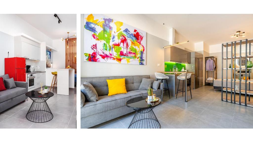 two pictures of a living room and a kitchen with a couch at Theo's Cozy Apartment's near Athens airport in Spáta