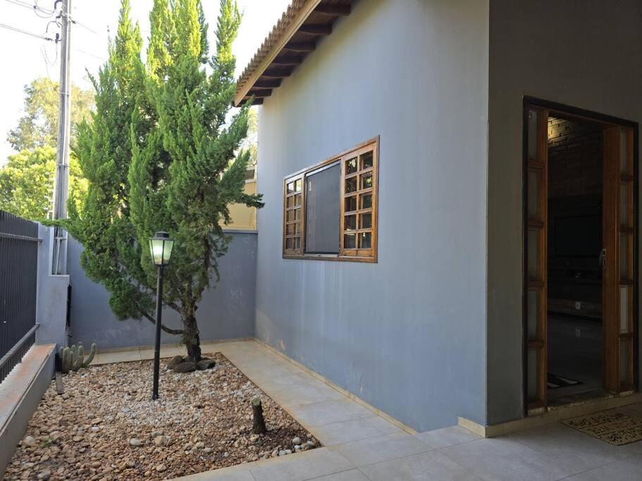 a house with a tree next to a window at Casa com piscina próxima à natureza in Brotas