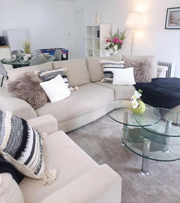 a living room with a couch and a glass table at Tollymore Lodge in Newcastle