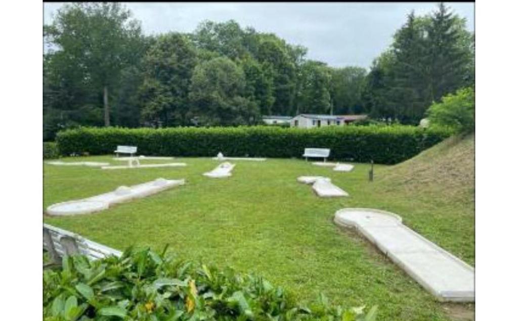 Une bande de skateboards dans un champ d'herbes dans l'établissement Mobil home, à Saint-Chéron