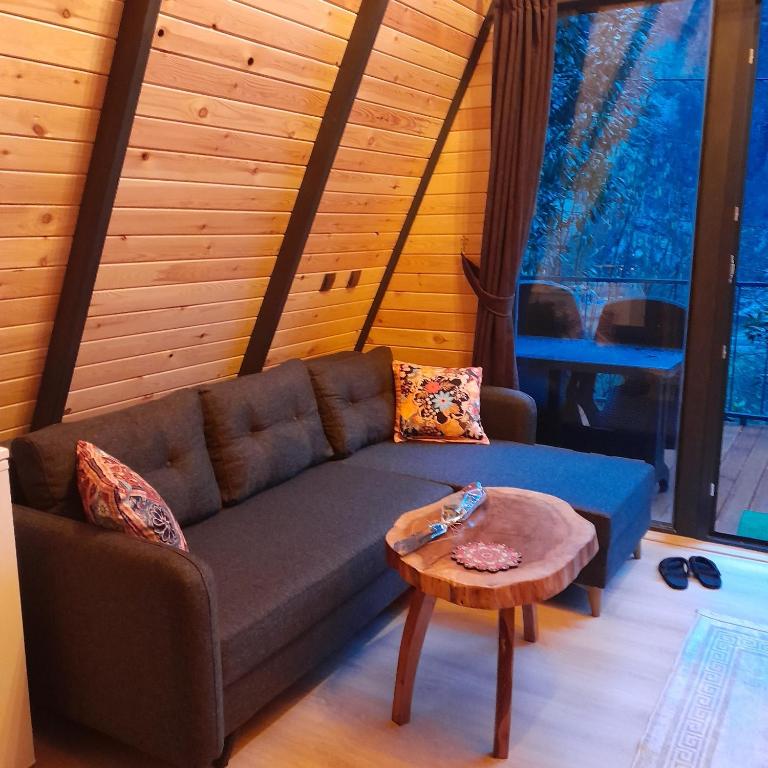 a living room with a couch and a table at La Vica Bungalow in Rize