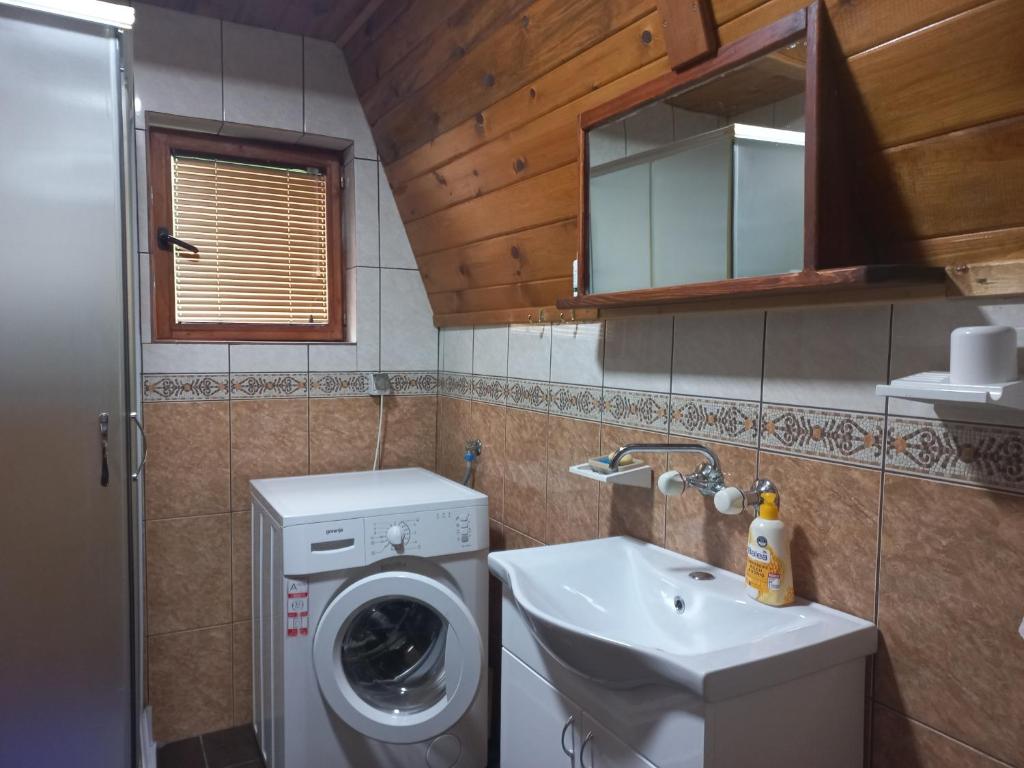 a bathroom with a washing machine and a sink at Vila Ami in Kremna