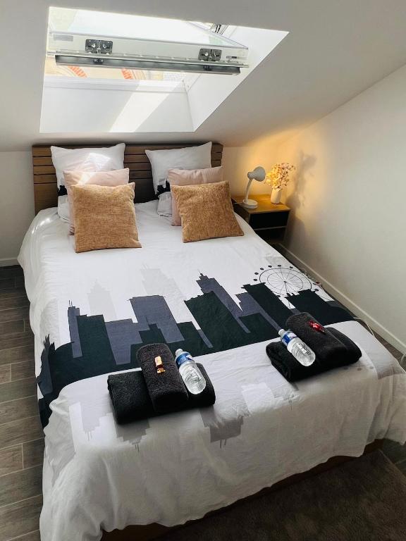 - une chambre dotée d'un grand lit avec deux commandes dans l'établissement Superbe Appartement Très Calme et Confortable, à Reims