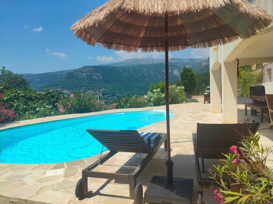 un patio avec deux chaises et un parasol à côté d'une piscine dans l'établissement Appartement Bas de Villa, à Tourrettes-sur-Loup