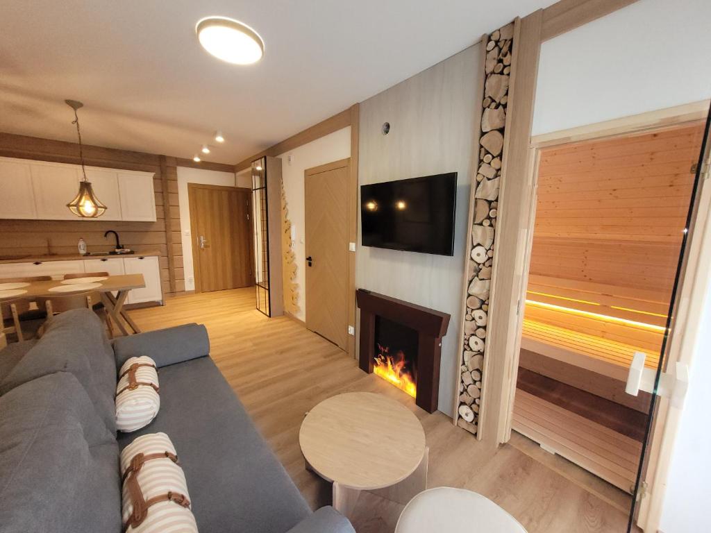 a living room with a couch and a fireplace at Apartament z prywatną sauną i widokiem na Tatry SKIBUS Kulkolandia Sala Zabaw Balia in Białka Tatrzanska