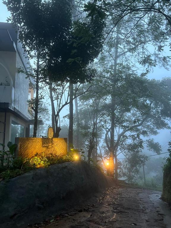 a bench on a foggy road with trees and lights at Roots Munnar in Anachal