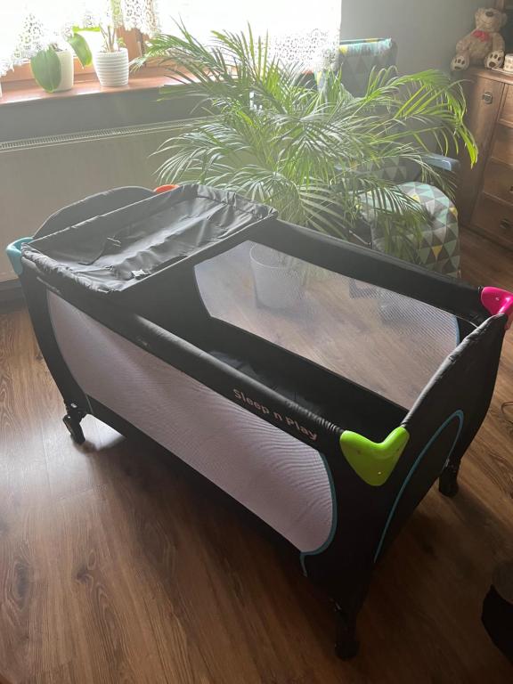 a black and white bed with a plant in a room at Apartament ZIELONY TARAS in Kielce