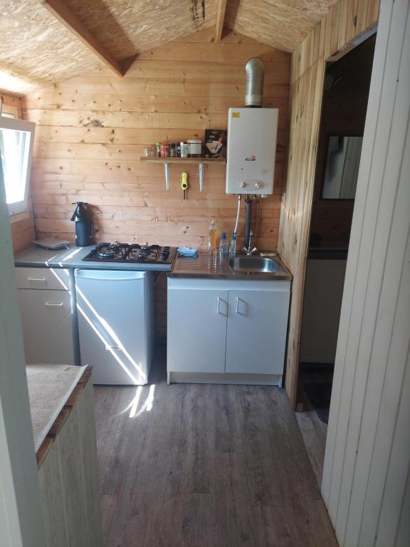 - une cuisine avec une cuisinière et un évier dans une cabine dans l'établissement Hortillonnages Chalet entouré d'eau, à Camon