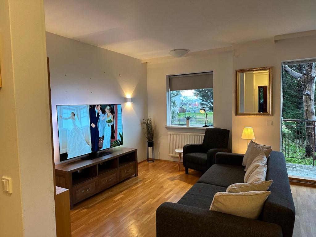 TV a/nebo společenská místnost v ubytování Húsavík Apartment