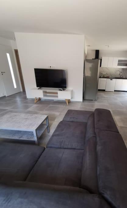 un salon avec un canapé et une télévision dans l'établissement Villa t4, à Lucciana