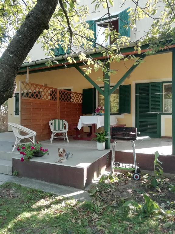 a dog laying on the porch of a house at Villa Balcsi in Balatonmáriafürdő