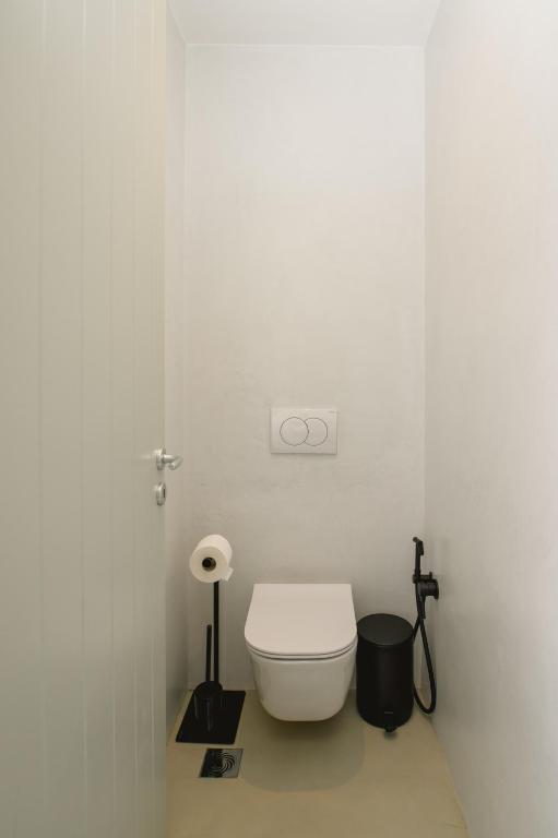 a white bathroom with a toilet in a room at Yperia Hotel in Aegiali