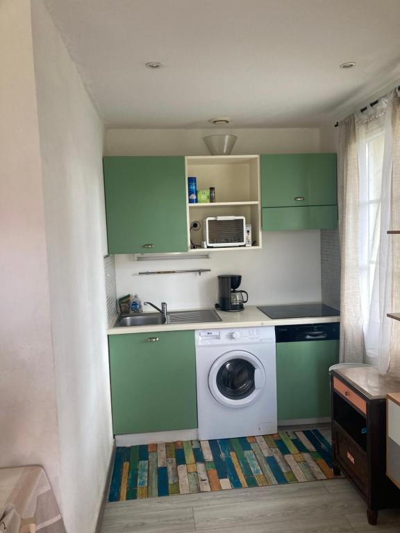 une cuisine avec des armoires vertes et une machine à laver dans l'établissement Maisonnette 43m2 piscine Gallargues le montueux, à Gallargues-le-Montueux