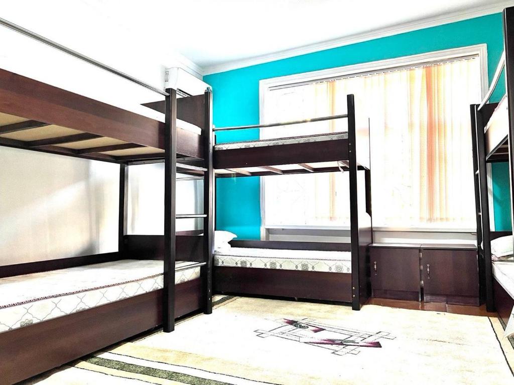 サマルカンドにあるAssalom Hostelの青い壁の客室で、二段ベッド2台が備わります。